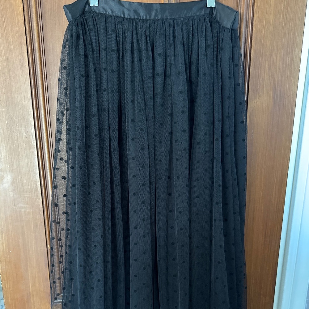 Women’s size 10, long, polka dotted tulle with satin trim